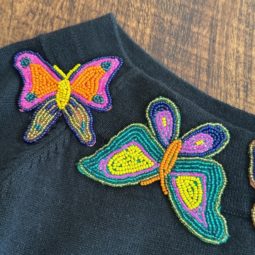 Belle Pointe | Vintage Whimsical Beaded Butterfly Wide Neck Sweater, Size XL